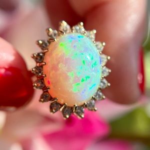 Vintage Estate Large Opal and Diamond Halo Cocktail Ring 14k Yellow Gold